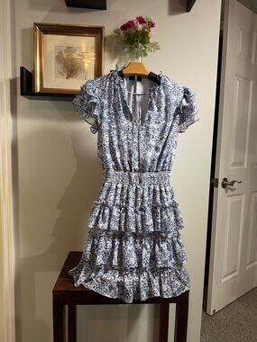 1. State Blue and White Floral Tiered Ruffle Mini Dress